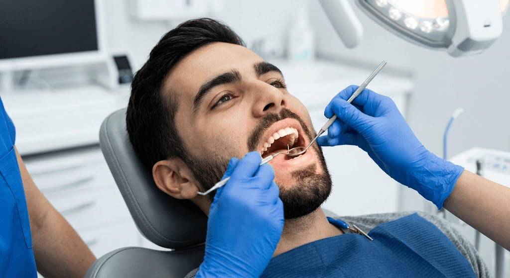 Dentiste professionnel effectuant un soin dentaire au cabinet Golden Smile